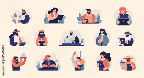 Stylized diverse people engaged with digital devices and objects
