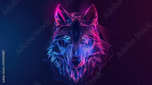 Geometric wolf head in neon colors against a dark background