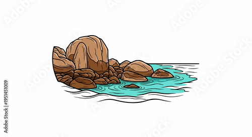 A stylized illustration depicts brown rocks partially submerged in turquoise water