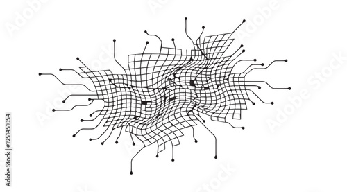 Abstract black and white digital circuit grid with wavy lines and dots for technology and data concepts