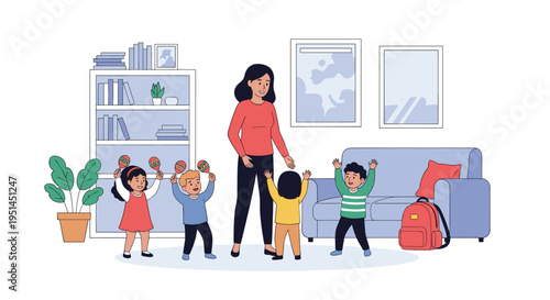 Kindergartener teacher plays music with a group of happy young children in a cozy living room or playroom setting.