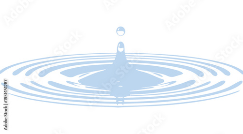 Light blue water drop falling into a pool creating circular ripples on a white background for purity