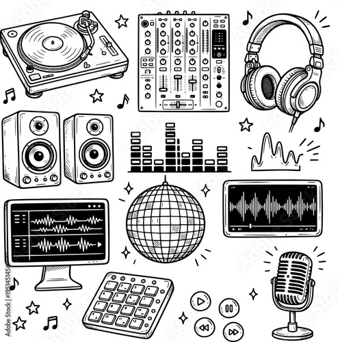 dj music equipment sticker set, hand drawn black and white doodles featuring turntable, headphones, mixer.