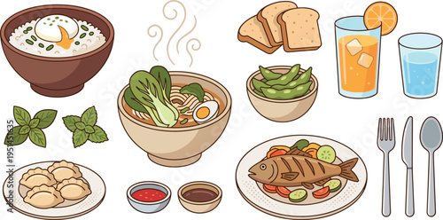 Asian Food and Meal Illustration Set with Ramen Rice Fish Bread and Drinks