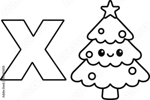 Letter X with Christmas Tree Coloring Page