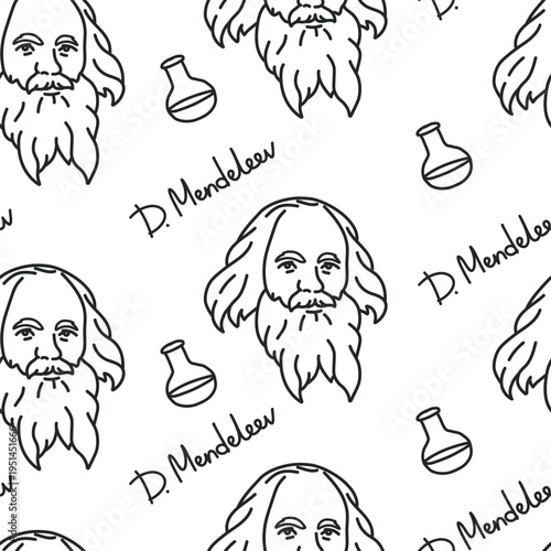 Hand drawn seamless chemical pattern with the scientist and chemist Dmitri Mendeleev. Vector illustration of background for chemistry education with line elements. Outline texture for scientific