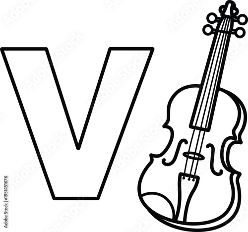 Letter V with Violin Coloring Page