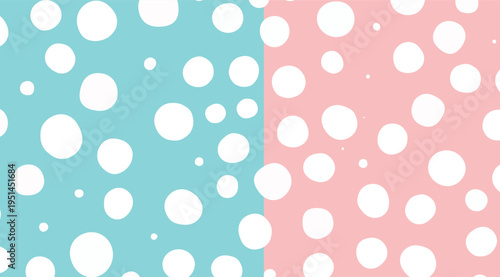 Hand-drawn polka dot seamless pattern in blue and pink with white irregular circles for textile design