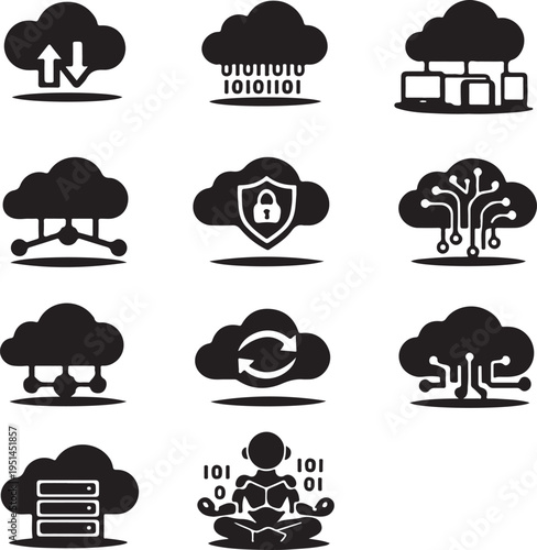A comprehensive weather icon set featuring vector illustrations of sun, cloud, rain, and snow symbols for meteorology design and climate forecast applications