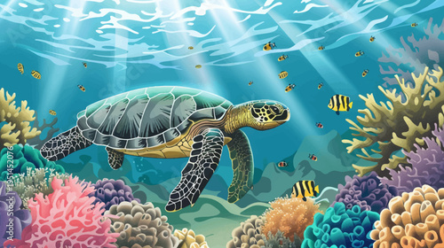 Underwater scene turtle swimming among coral reefs and fish with sunlight
