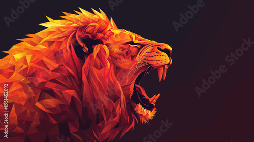 Fiery roaring lion illustration against dark backdrop for graphic design