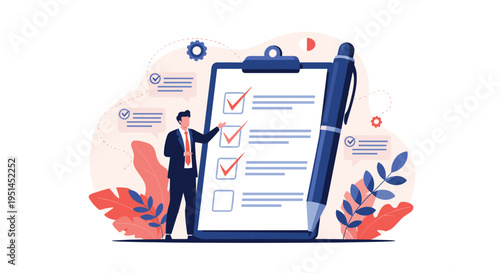 Businessman stands next to a large clipboard with a checklist showing completed tasks and successful project management.