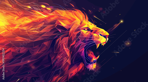 Fiery lion head illustration abstract artwork of a roaring big cat