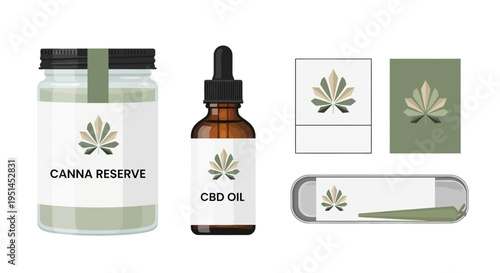 Collection of modern cannabis product branding mockups featuring clean graphic designs for herbal supplements, oils, and reserves, showcasing packaging concepts for wellness and botanical applications
