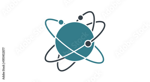 A stylized graphic illustration of an atom with orbiting electrons, symbolizing science, technology, or interconnectedness.