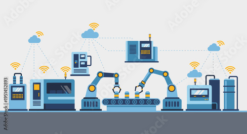 An illustration of a modern smart factory with automated machinery, robotic arms, and cloud connectivity, representing Industry 4.0 and industrial automation.
