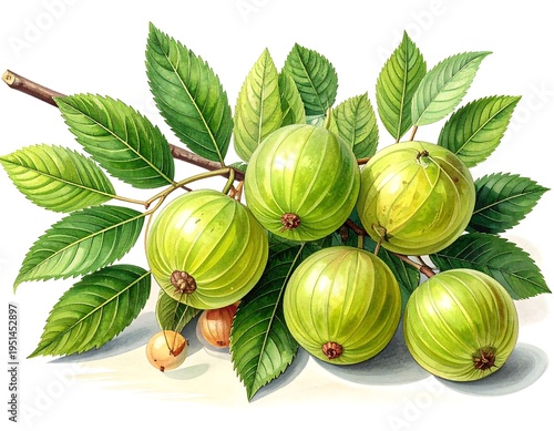 Illustrated branch with green, round fruit, showcasing texture and vibrant leafy foliage on a white background