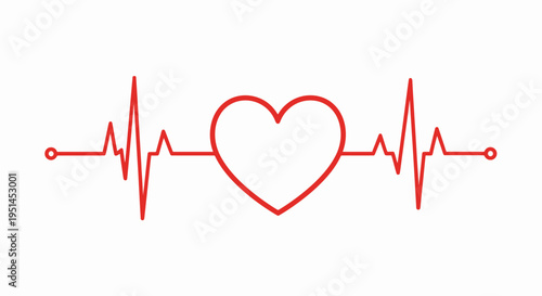 Red heart symbol integrated into an electrocardiogram heartbeat line on a white background, representing health and love.