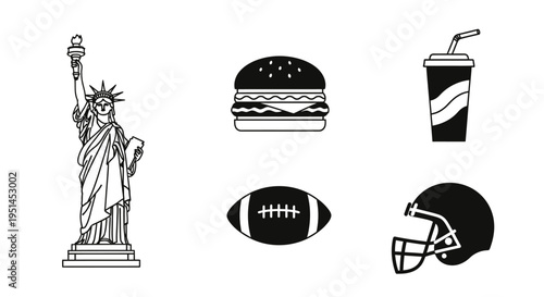 Black and white line art icons representing American culture, including the Statue of Liberty, a hamburger, a soda, a football, and a helmet.