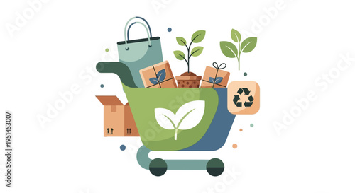 Sustainable Shopping Cart with Eco-Friendly Products, Recycling Symbol & Green Consumerism Concept