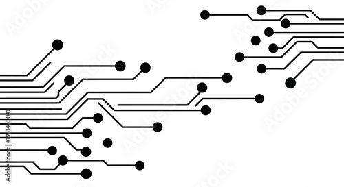 Abstract black and white circuit board design with connecting lines and dots, representing digital technology and data flow.
