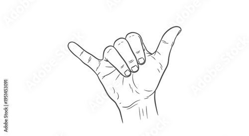 Line art drawing of a human hand making the shaka or hang loose gesture, with thumb and pinky extended and middle fingers curled.