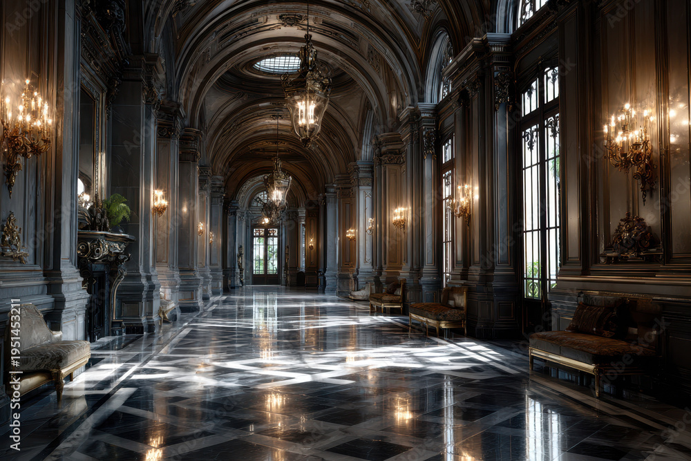 Fototapeta premium Opulent palace hallway with marble floor and chandeliers