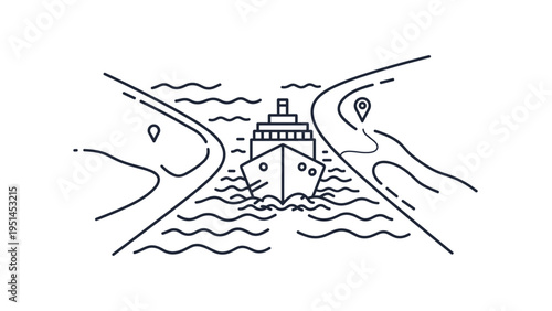 Outline illustration of a ship navigating through a canal or waterway between two landmasses, depicting global shipping, trade routes, or transportation.