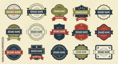 A collection of vintage-style brand name badges and labels with various shapes, borders, and ribbons, featuring a classic design aesthetic.
