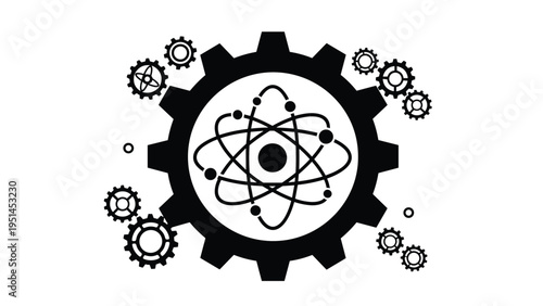Large gear with an atom symbol at its center, surrounded by smaller gears, representing engineering, scientific technology, or mechanical innovation.