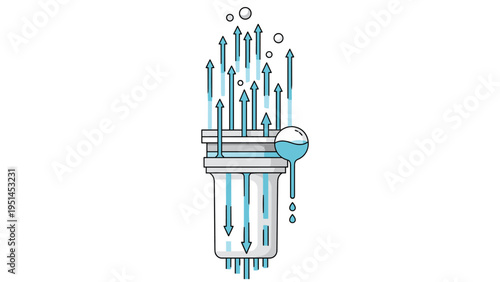 Water filter system with arrows indicating water flow and purification, symbolizing clean water, purification, or environmental technology.