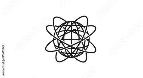 A stylized black and white line art illustration depicting a globe with multiple interconnected orbits, symbolizing global networks and scientific concepts.