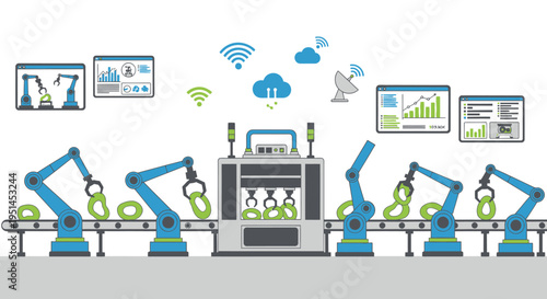 Automated factory production line with robotic arms, conveyor belts, and smart industrial technology, showing cloud connectivity and data analysis.