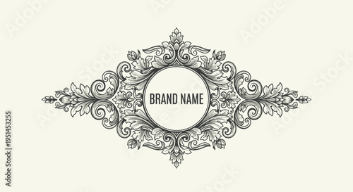 Ornate vintage baroque decorative frame with floral scrollwork and central brand name placeholder on a light background.