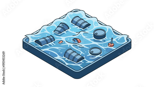 Isometric illustration of a polluted water body with oil barrels and debris floating, depicting ocean pollution and environmental disaster.