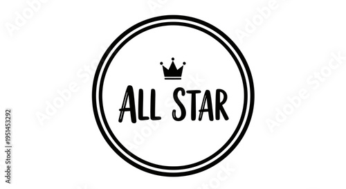 A black and white circular logo featuring the text 'ALL STAR' in a bold font, topped with a small crown icon, all enclosed within two concentric rings on a white background.