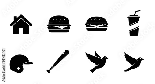 A collection of black silhouette icons including a house, hamburgers, a drink, baseball gear, and flying birds.