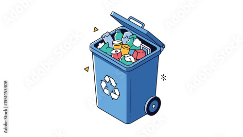 Large blue recycling bin overflowing with various types of waste, symbolizing waste management, recycling efforts, and environmental awareness.