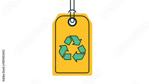 Yellow price tag with a green recycling symbol, representing eco-friendly products, sustainable shopping, or recycled materials.