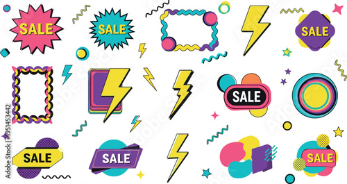 Retro Pop Art Sale Sticker Collection with Colorful Lightning Shapes and Promotion Badges