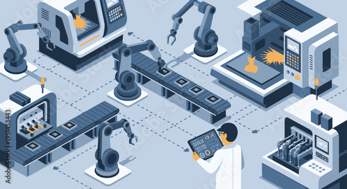 Isometric Factory Automation with Robotic Arms and Human Operator in Modern Industrial Setting
