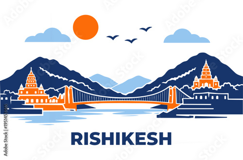 Rishikesh Skyline Flat Vector Laxman Jhula Bridge India Travel Landmark Illustration