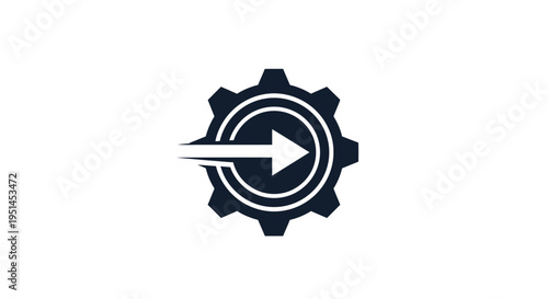 A dark blue gear icon with a white arrow pointing right, symbolizing progress, efficiency, and forward motion in technology or industry.