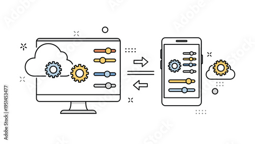 Computer monitor and smartphone exchanging data via cloud and gear symbols, illustrating cloud computing, data synchronization, or system settings.
