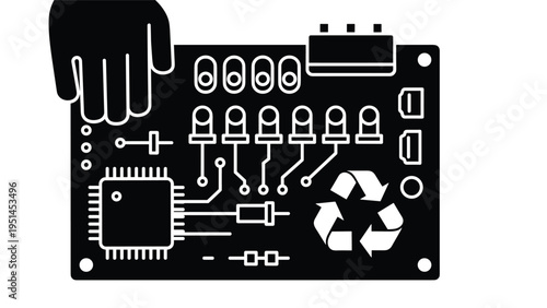 Hand holding a circuit board with a recycling symbol and LED lights, representing e-waste recycling, sustainable electronics, or green technology.