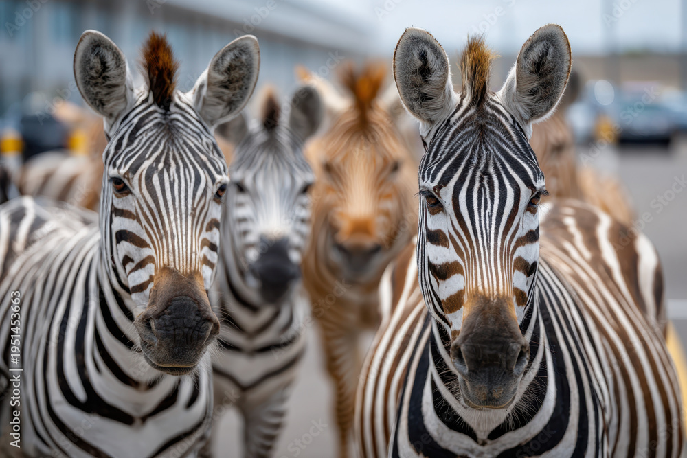 Obraz premium Zebras gather in a lively group at a wildlife park under a clear sky during daytime