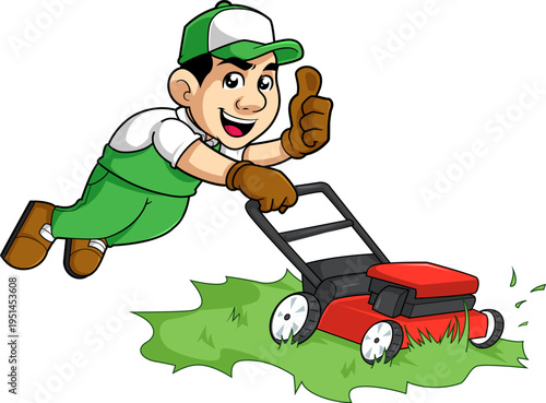 Happy Professional Gardener Mascot Character Mowing Grass with Thumbs Up