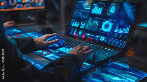 Business analytics dashboard on laptop data monitoring and digital interface