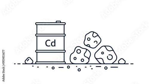 Barrel with the chemical symbol "Cd" for cadmium, next to scattered rocks, representing cadmium pollution, industrial waste, or mining.