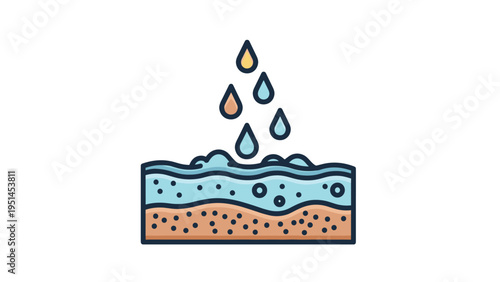 Water drops falling onto layered soil with bubbles, representing irrigation, hydration, water absorption, and healthy land.